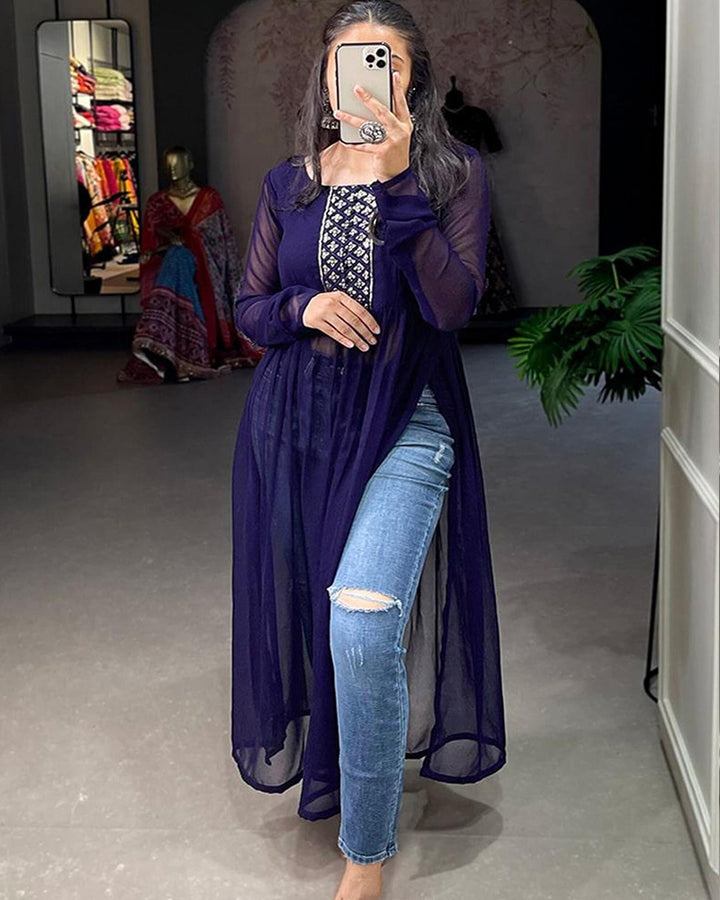 Amazing Navy Blue Embroidery Work Georgette Nyra Cut Kurti