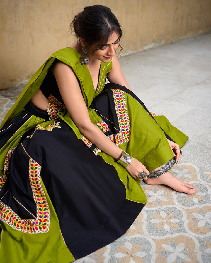 Parrot Green And Black Color Cotton Navratri Lehenga Choli