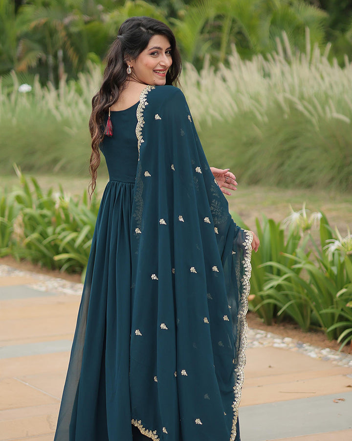 Designer Rama Color Anarkali Gown With Embroidery Dupatta