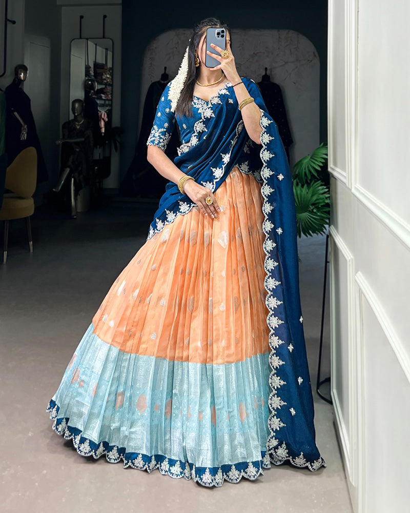 Orange Color Zari Kota Embroidered Half Saree