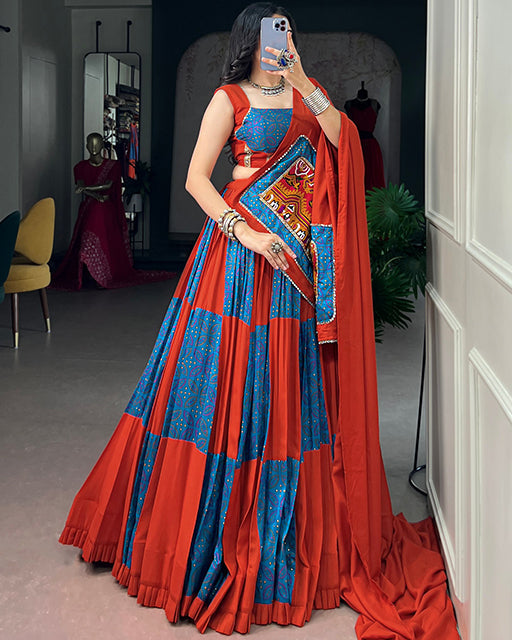 Orange Color Rayon Tussar Silk Navratri Lehenga Choli