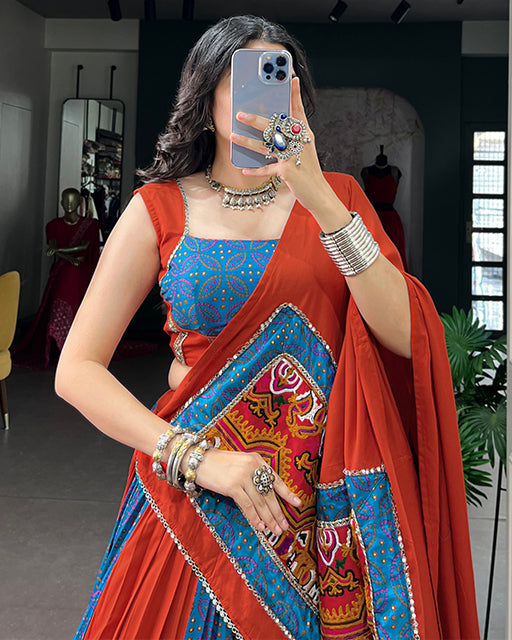 Orange Color Rayon Tussar Silk Navratri Lehenga Choli