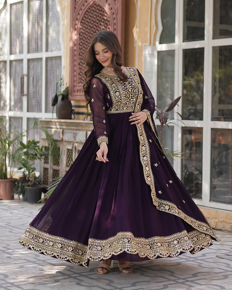 Wine Color Faux Blooming Embroidered Gown