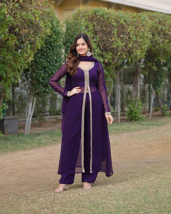 Western style Wine Color Georgette Kurti Pant With Dupatta