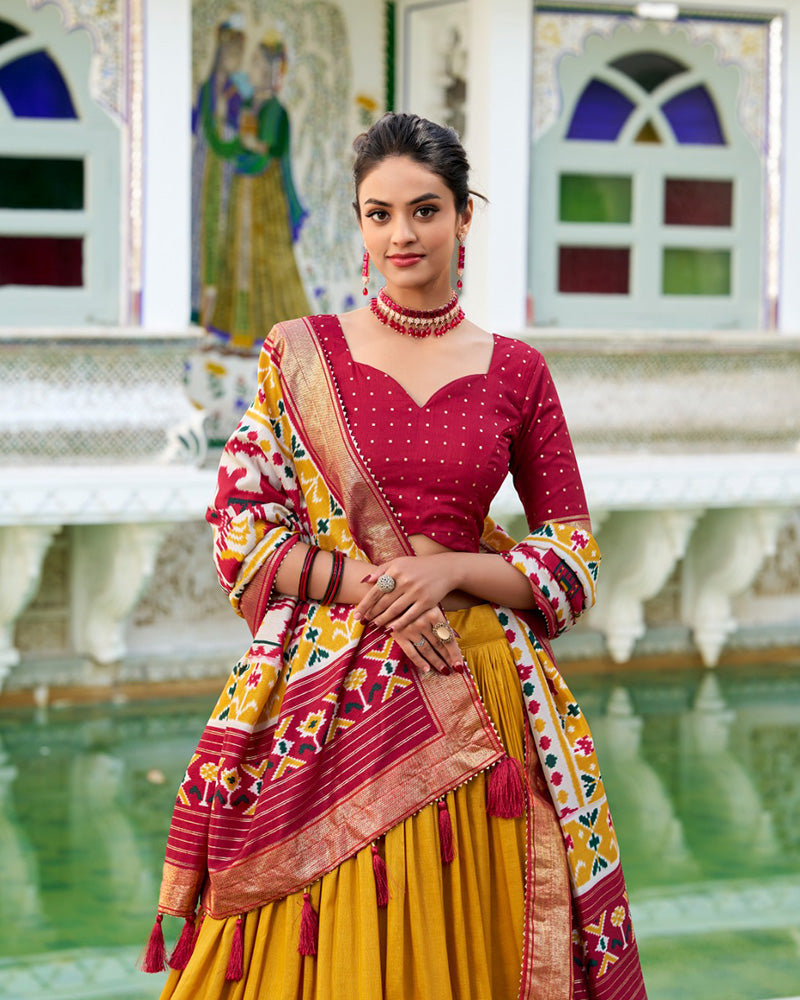 Mustard Color Tussar Silk Patola Printed Half Saree