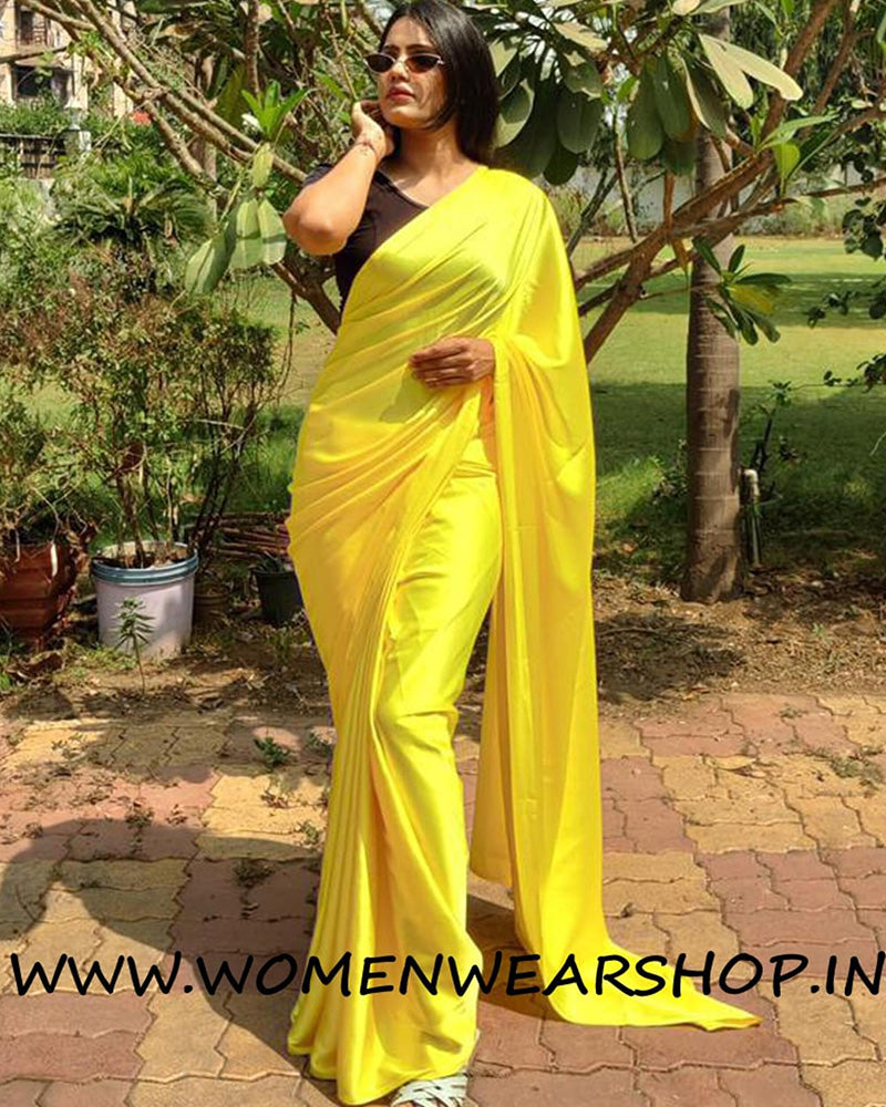 Yellow Satin Silk Ready To Wear Saree