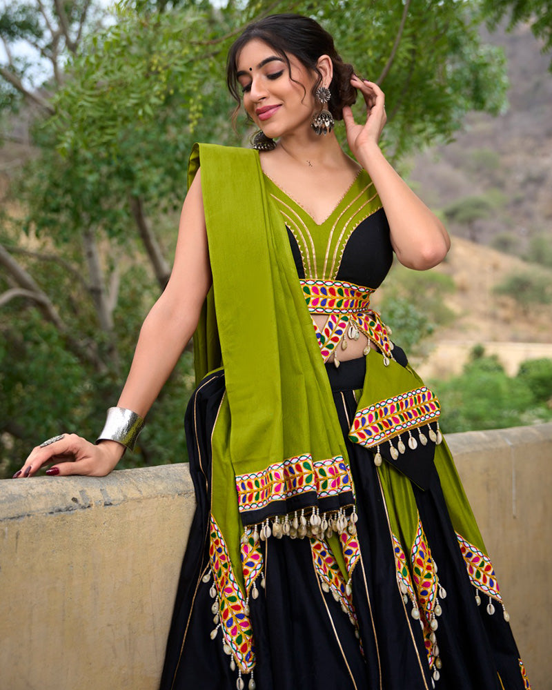 Parrot Green And Black Color Cotton Navratri Lehenga Choli