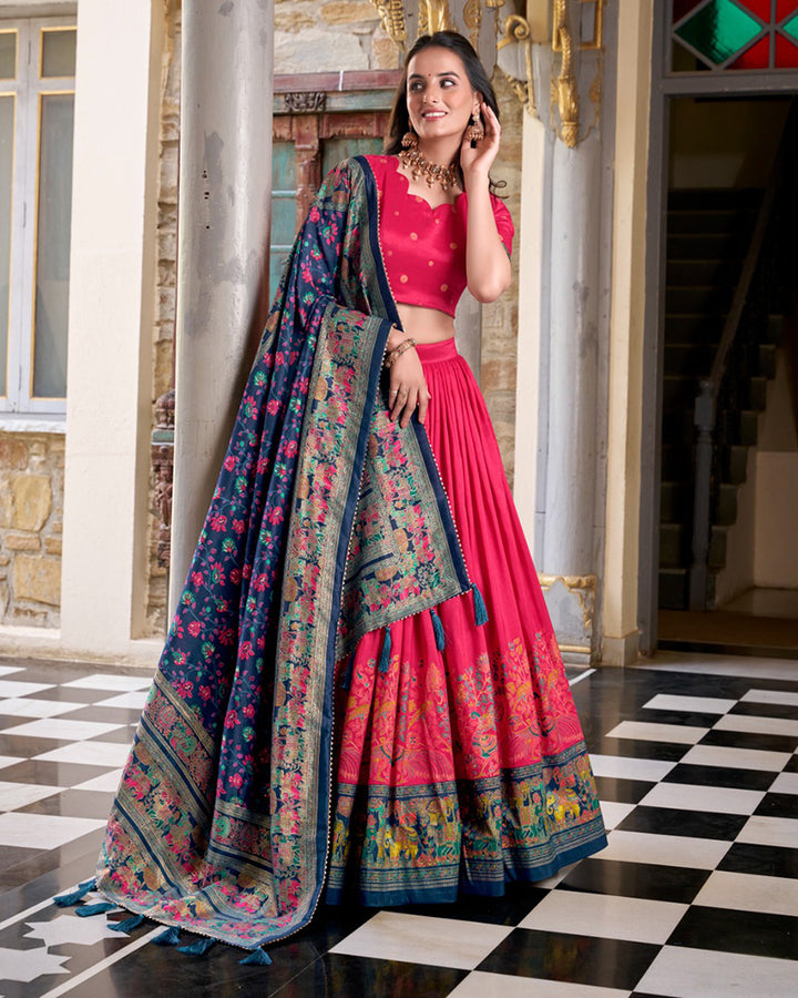 Designer Pink Color Tussar Silk Printed With Foil Work Lehenga Choli