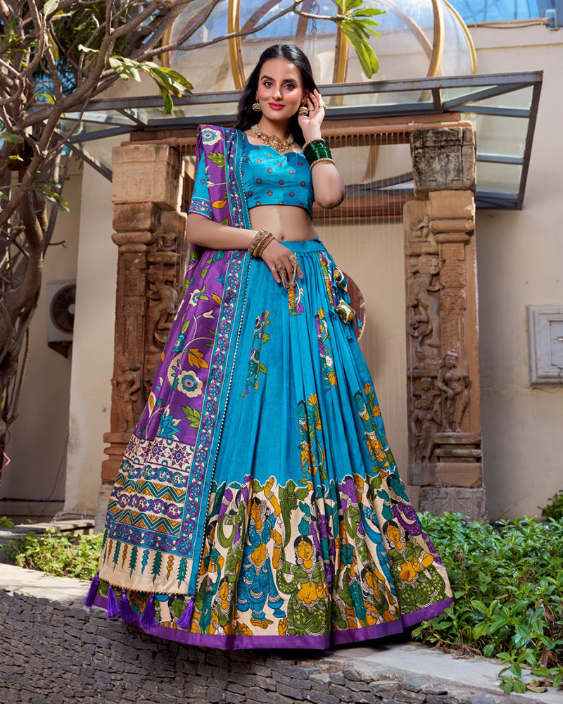 Firozi Color Tussar Silk Kalamkari Printed Half Saree