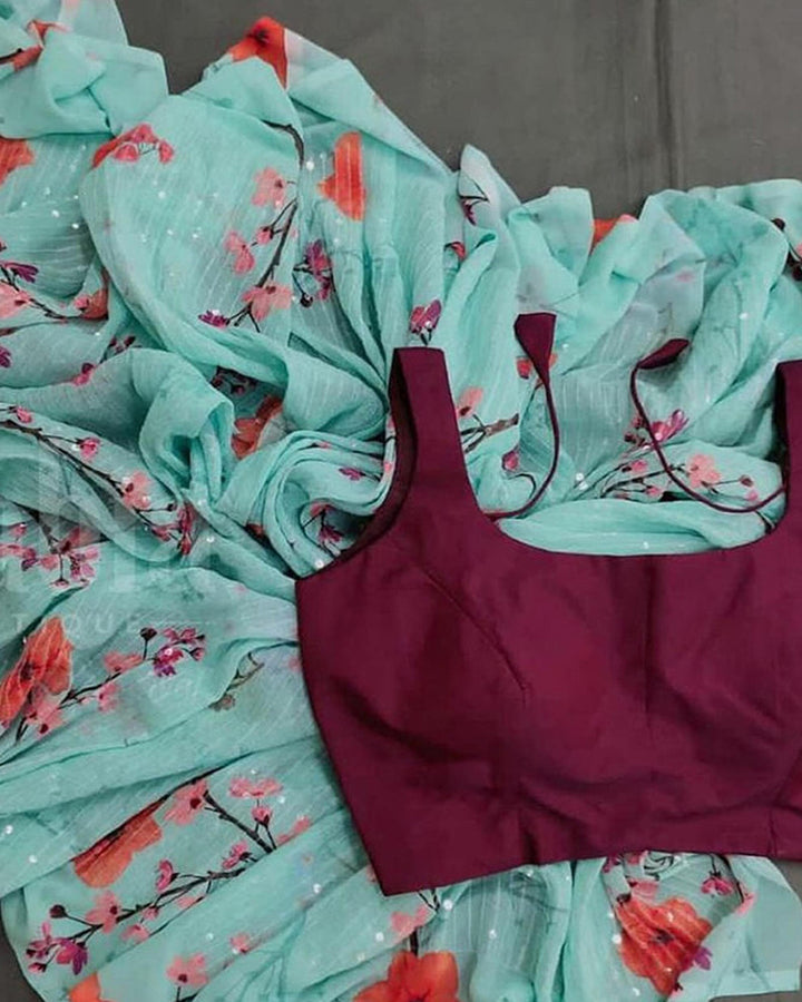 Mint Green Floral Georgette Sequence Saree With Stitched Blouse