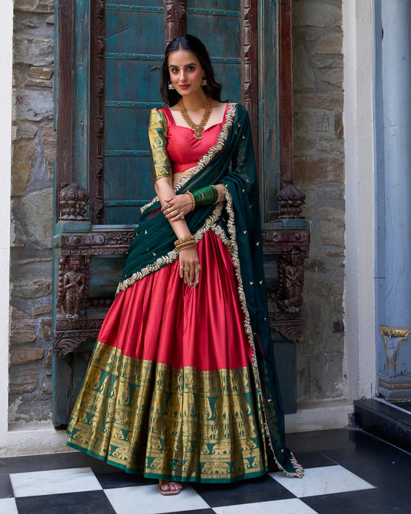 Red Color Narayan Pattu Silk Designer Half Saree