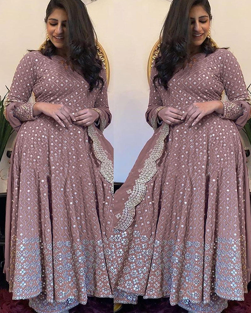 Peach Zari Mirror Work Anarkali Plazzo Suit