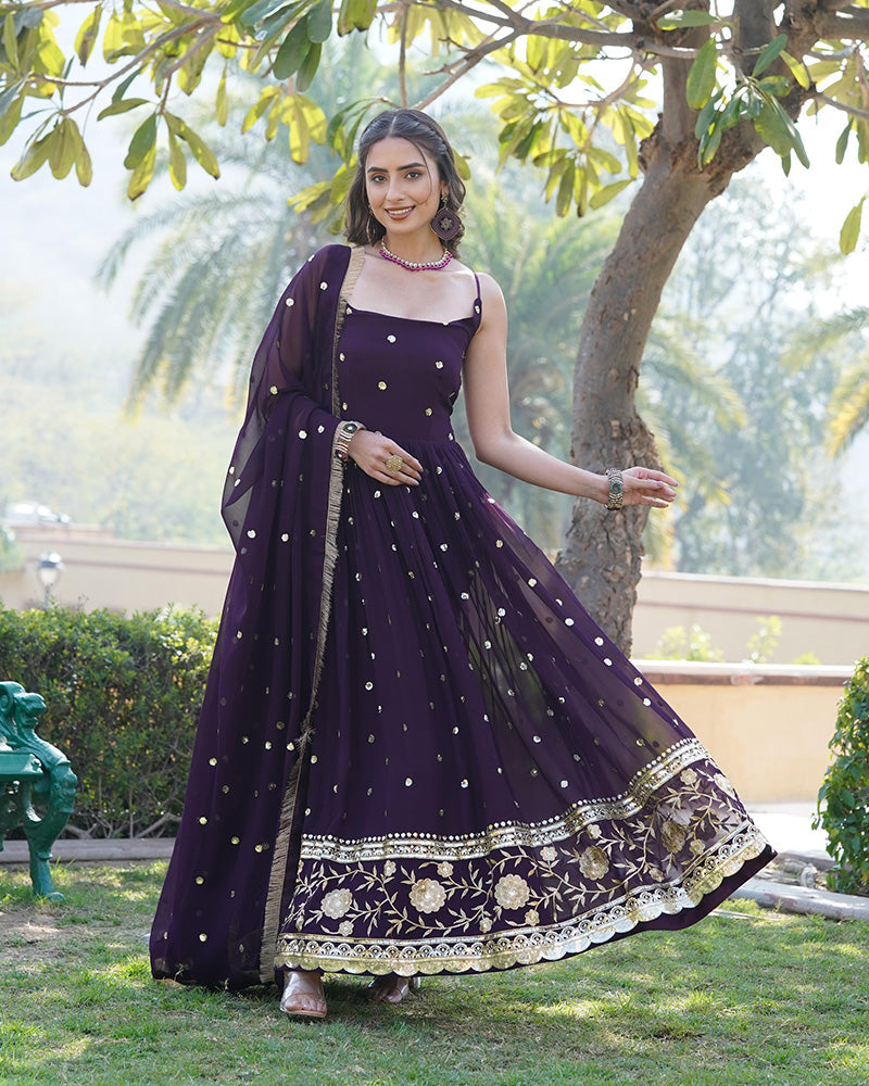 Designer Wine Color Blooming Sequence Embroidered work Gown