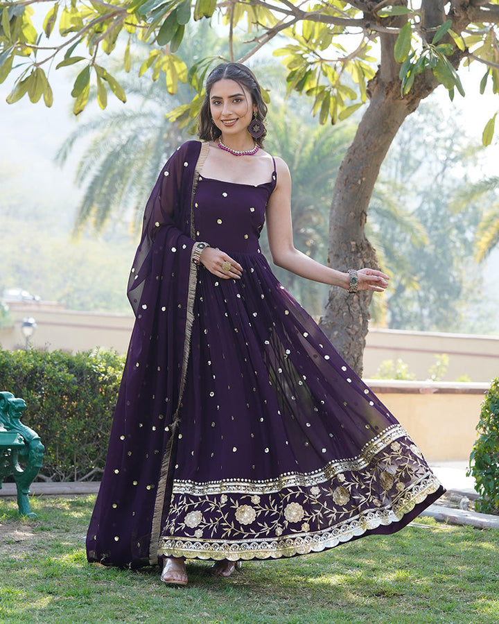 Designer Wine Color Blooming Sequence Embroidered work Gown