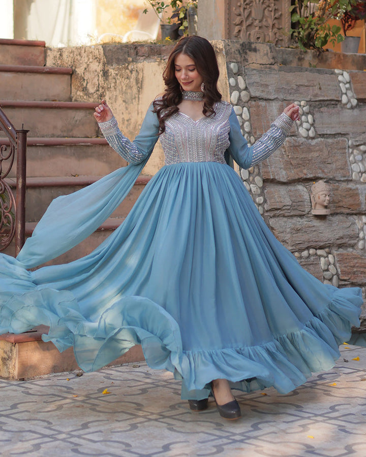 Sky Color Star Georgette Embroidered Gown