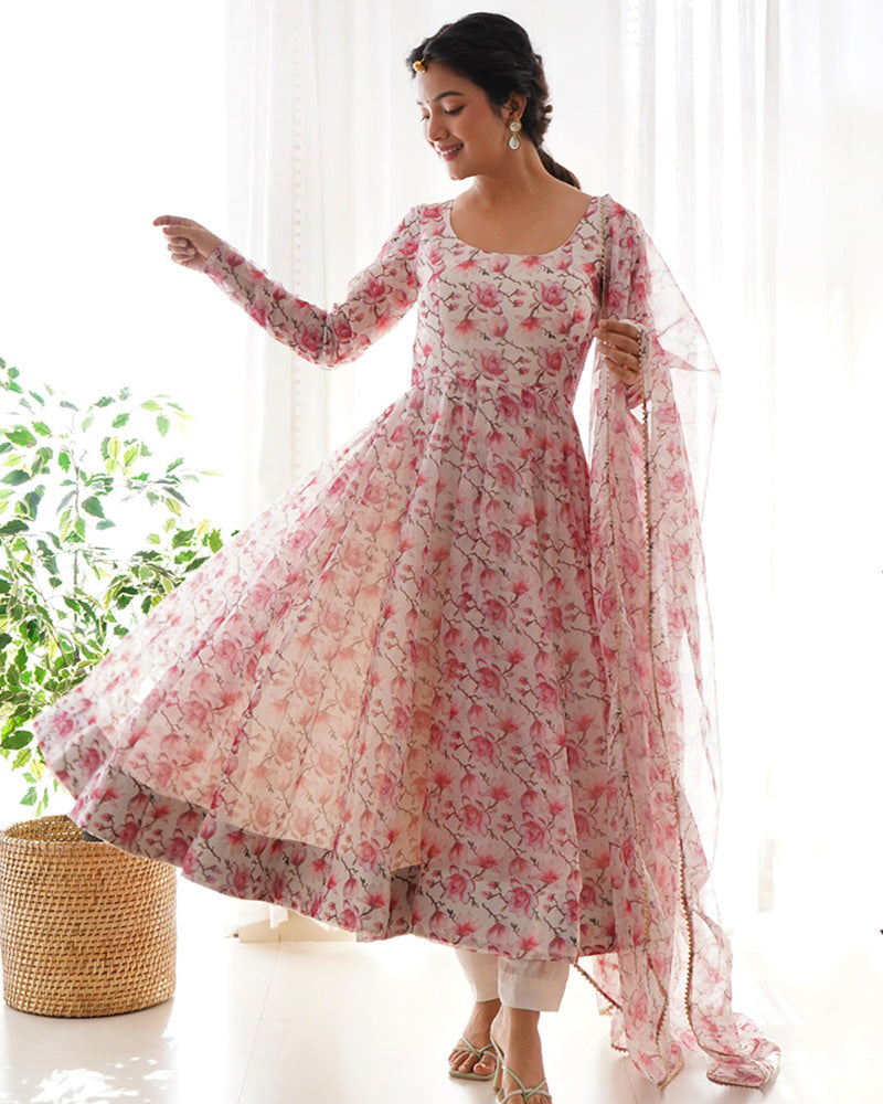 White Organza Silk Printed  Anarkali Suit