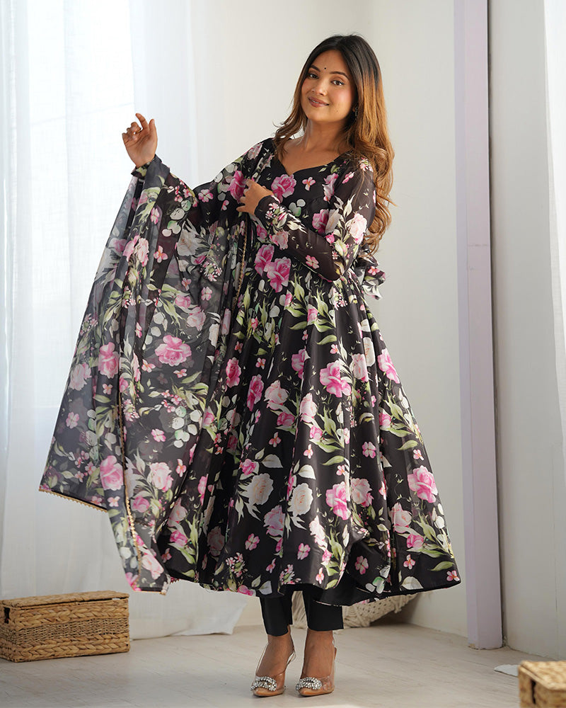 Black Color Pure Soft Organza Three Piece Anarkali Suit