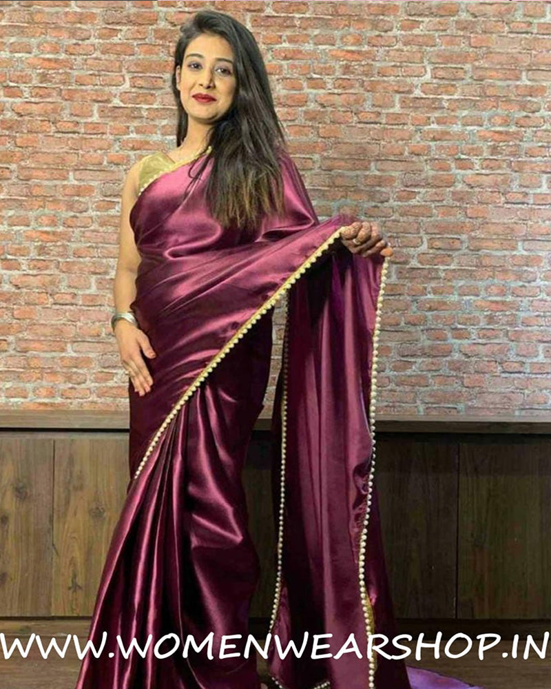 Wine Satin Silk With Pearl Border Ready To Wear Saree