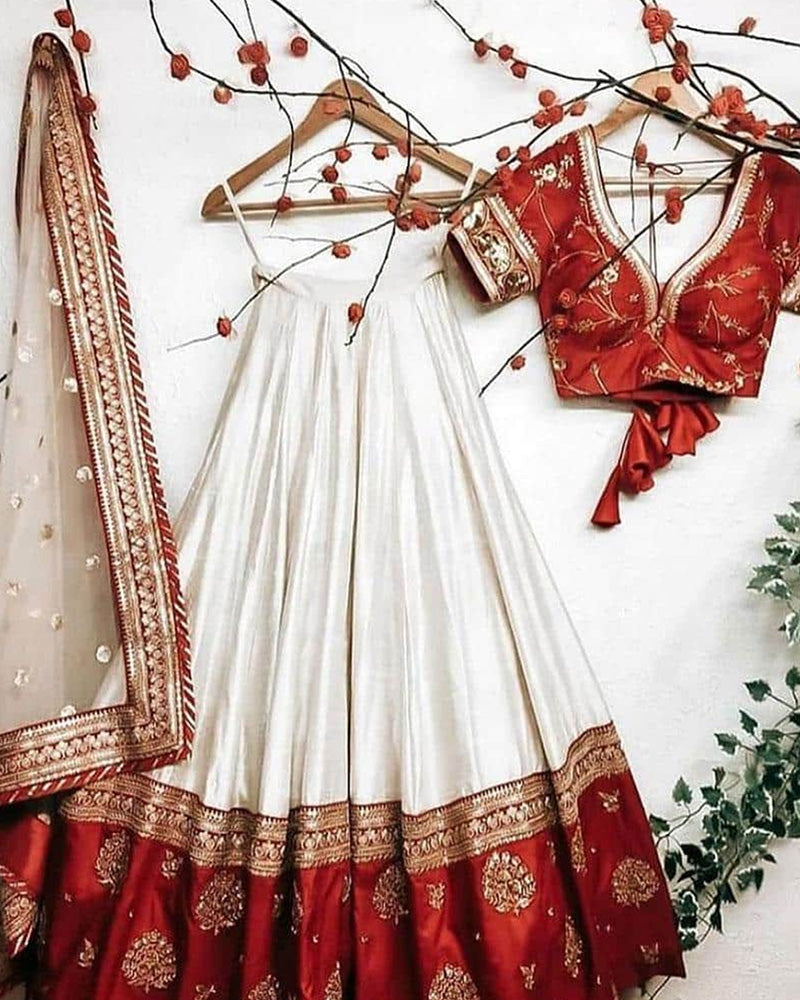 Red and White Embroidered Taffeta Silk Wedding Wear Lehenga Choli