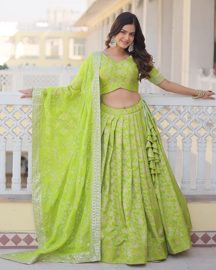 Green Color Pure Viscose Jacquard Lehenga Choli