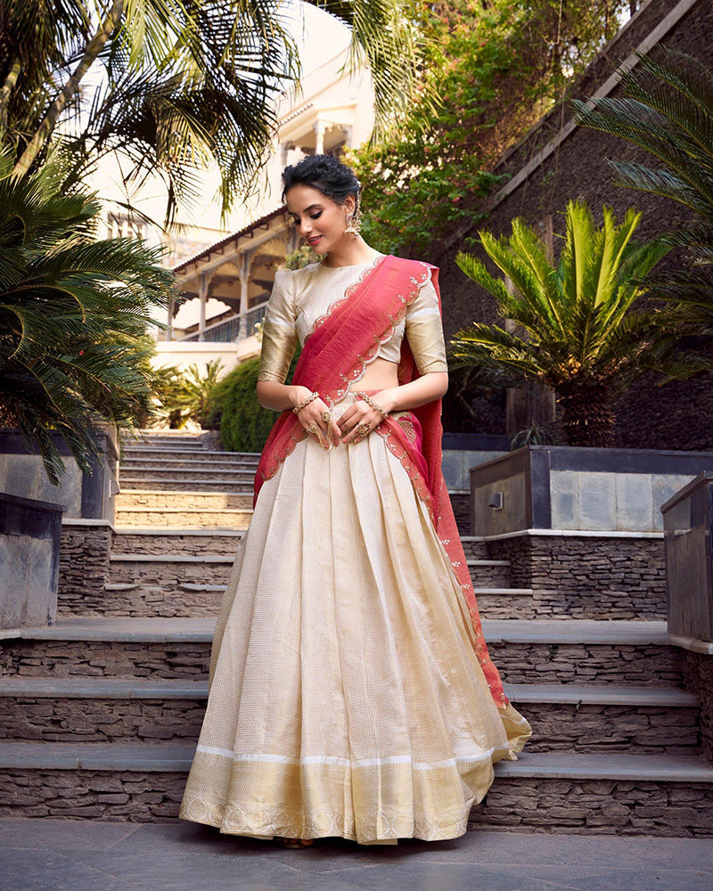Off-White Color Jacquard Chex Half Saree