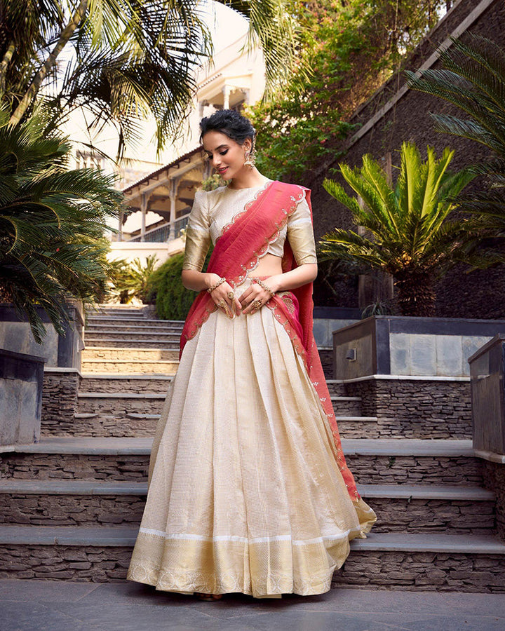 Off-White Color Jacquard Chex Half Saree