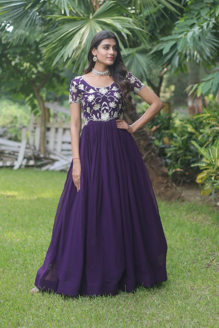 Purple Color Amazing Coding Sequence Embroidery Faux Blooming Gown