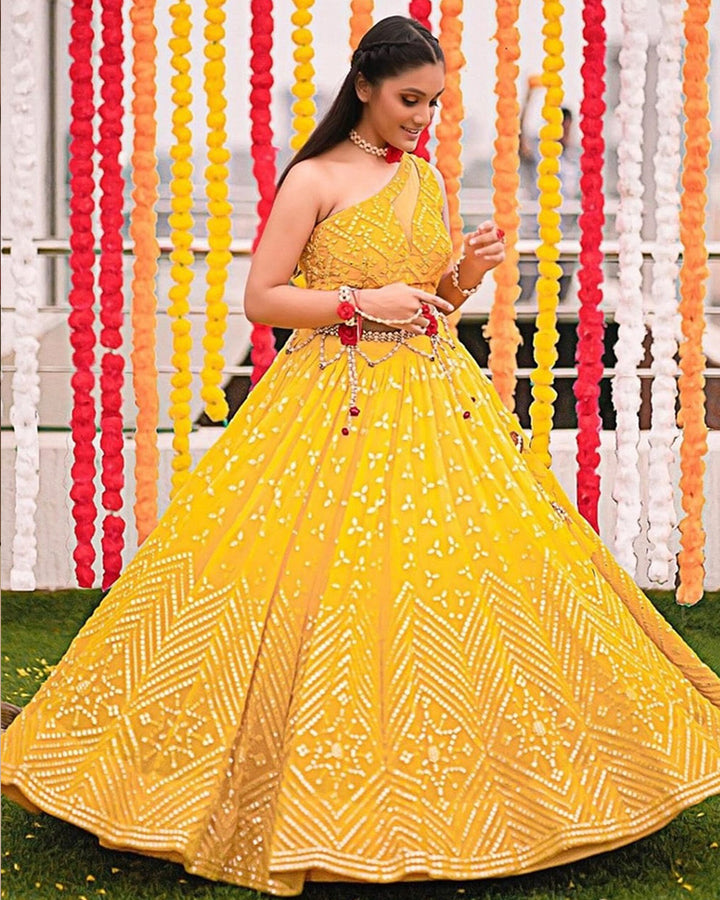 Yellow Georgette With Heavy Paper Mirror Work Lehenga Choli