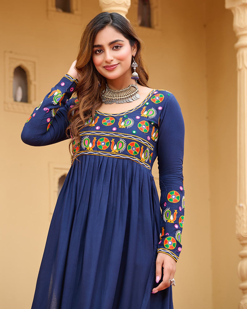 Vibrant Blue Flared Rayon Kurti With Gamthi Work