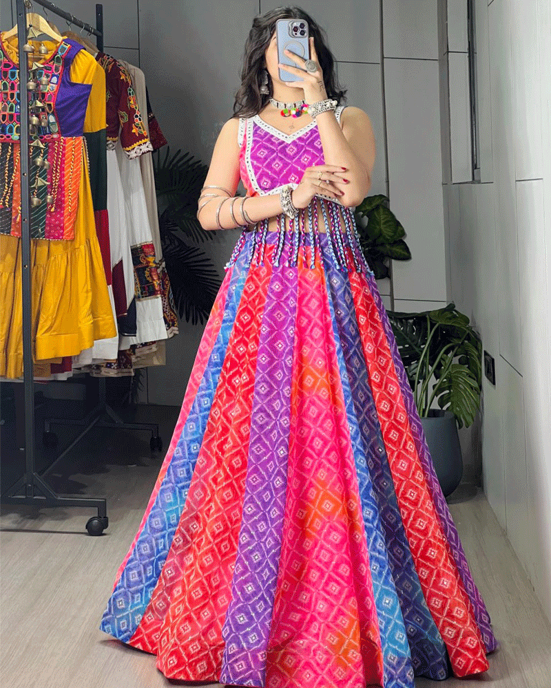 Multi Color Faux Georgette Foil Printed Navratri Lehenga Set
