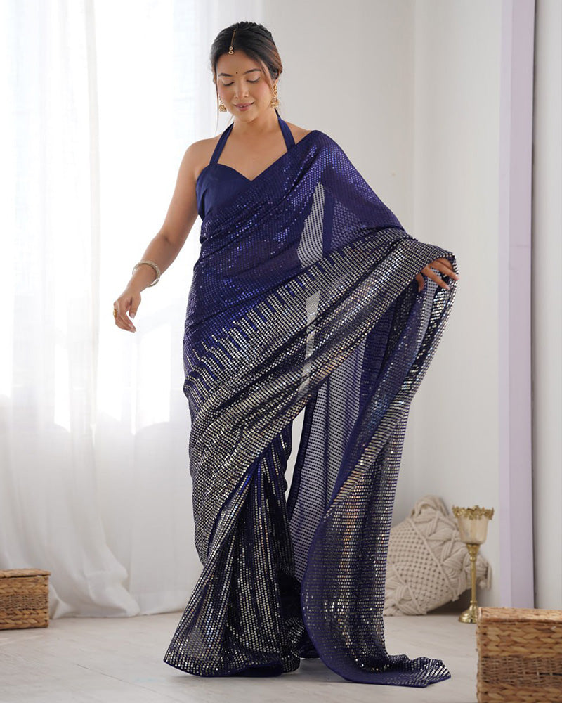 Navy Blue Color Heavy Georgette Sequence Embroidered Saree