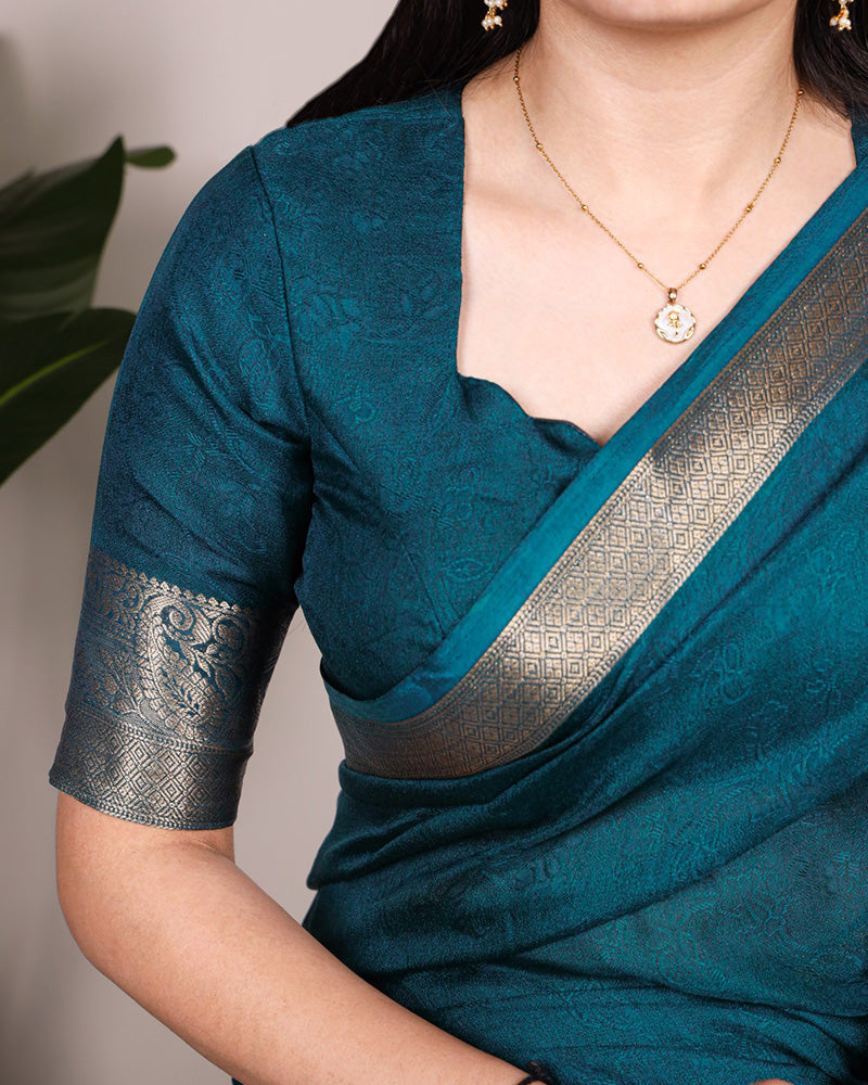 Teal Green Color Zari Weaving Mass Mello Saree
