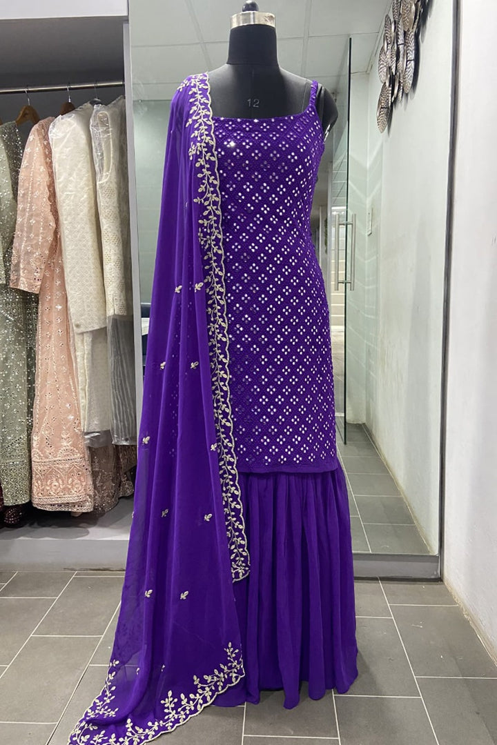 Purple Sequence Work Three Piece Sharara Suit