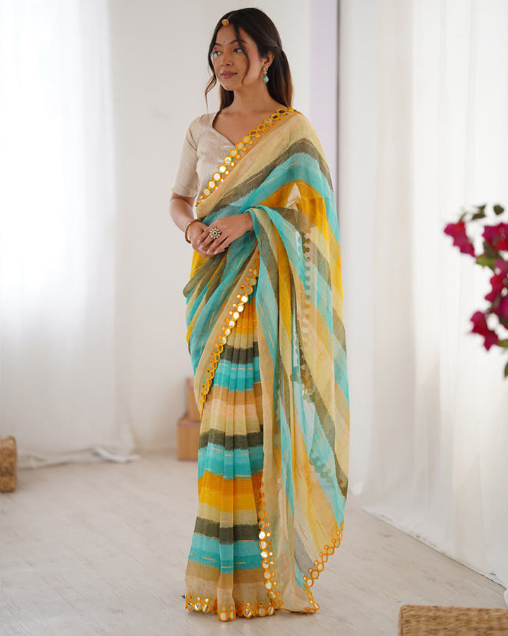 Yellow Color Smooth Marble Chiffon Printed Saree