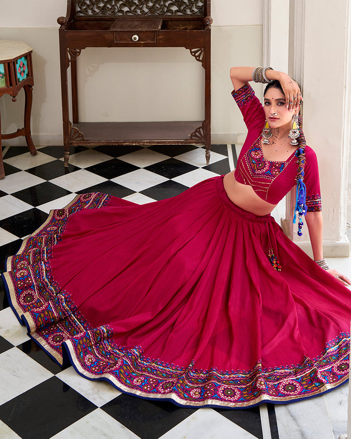 Pink Color Tasar Silk Gamthi Printed Navratri Lehenga Choli