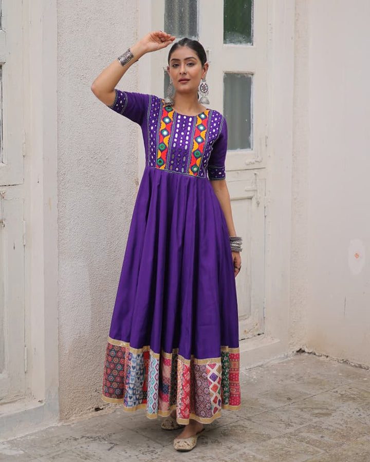 Vibrant Purple Color Ethnic Gamthi Work Navratri Gown