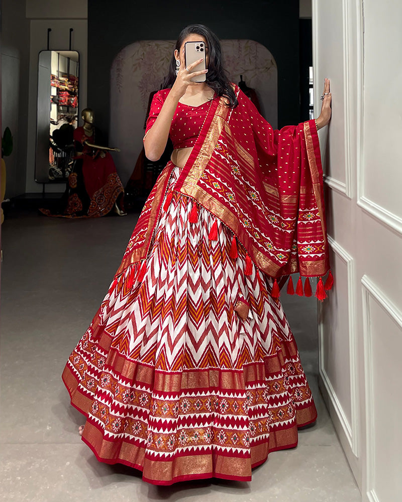 Red Color Laheriya Print Tussar Silk Designer Lehenga Choli