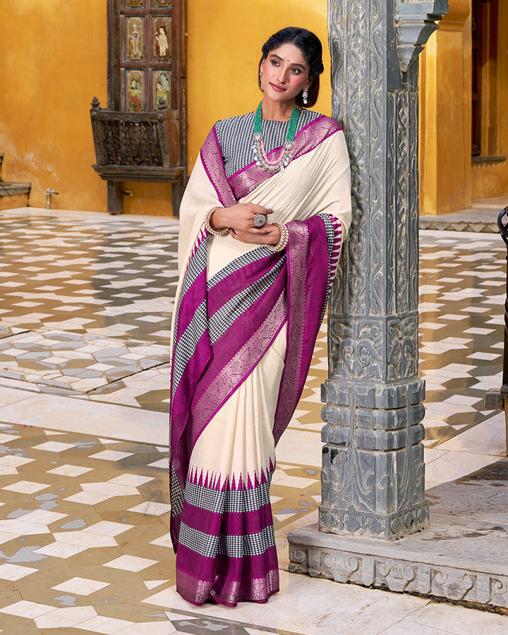 Off-White Color Poly Cotton Printed Saree