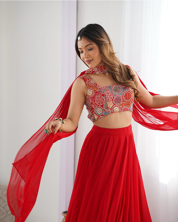 Attractive Red Color Pure Soft Georgette Embroidered Lehenga Choli