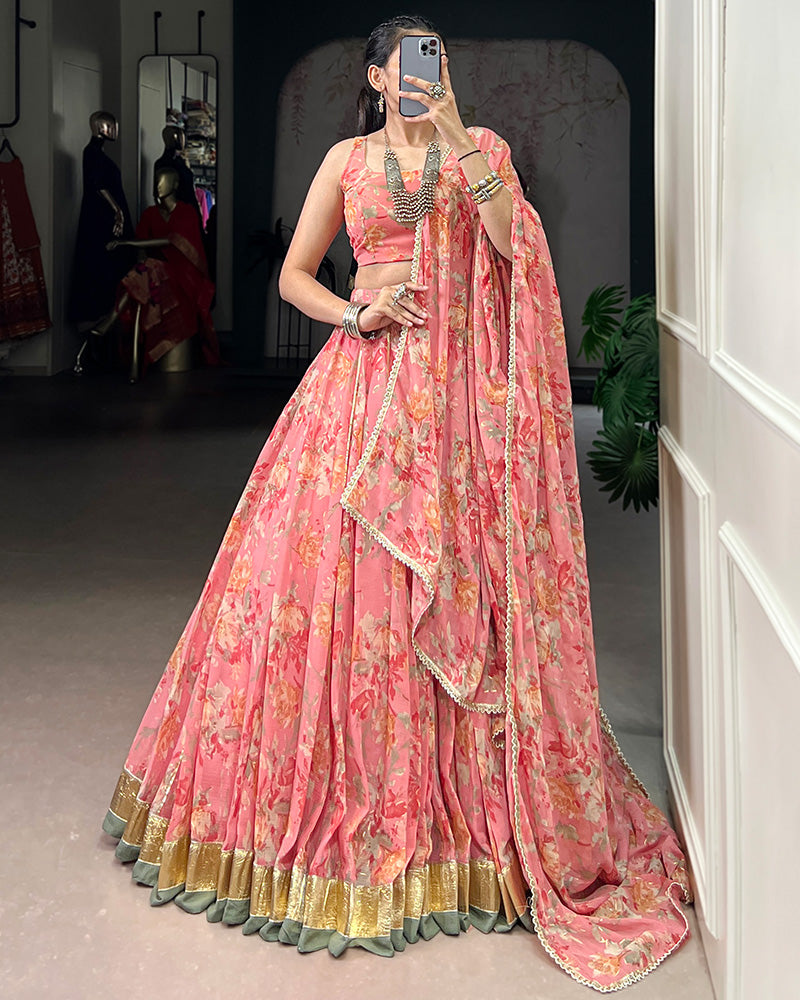 Peach Color Chiffon Floral And Foil Printed Lehenga Choli