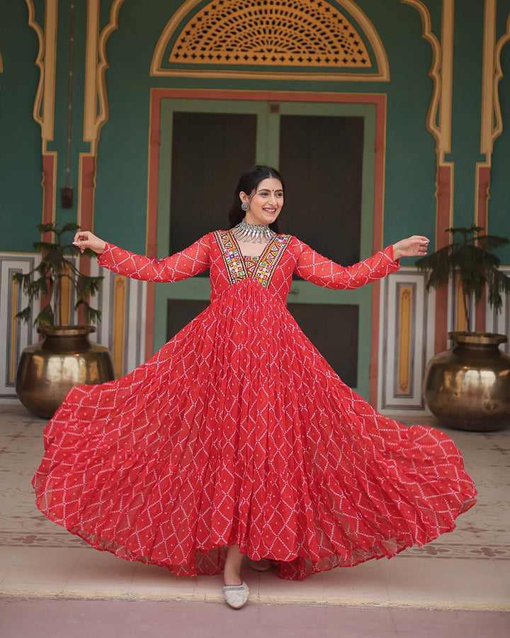 Navratri Special Orange Color Faux Georgette Bandhej Gown