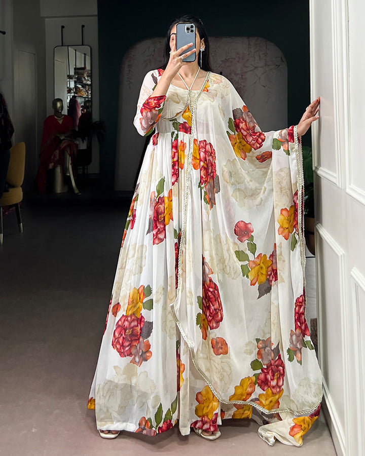 White Color All Over Floral Printed Chiffon Gown