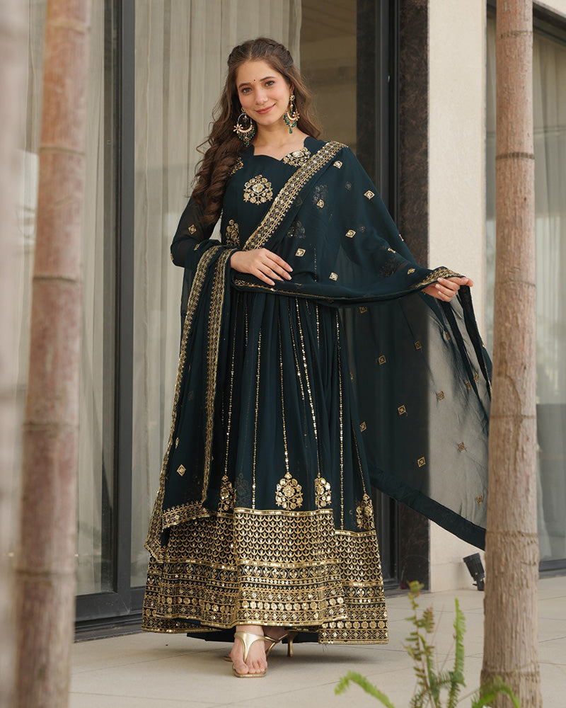 Deep Teal Green Color Faux Blooming Gown With Embroidered Dupatta