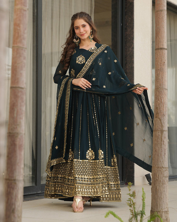 Deep Teal Green Color Faux Blooming Gown With Embroidered Dupatta