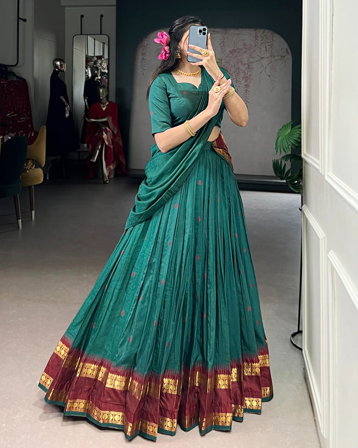 Traditional Teal Green Color Chanderi Half Saree With Zari Detailing