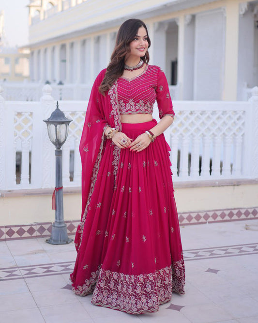 Cherry Rose Color Blooming Embroidered Lehenga Choli