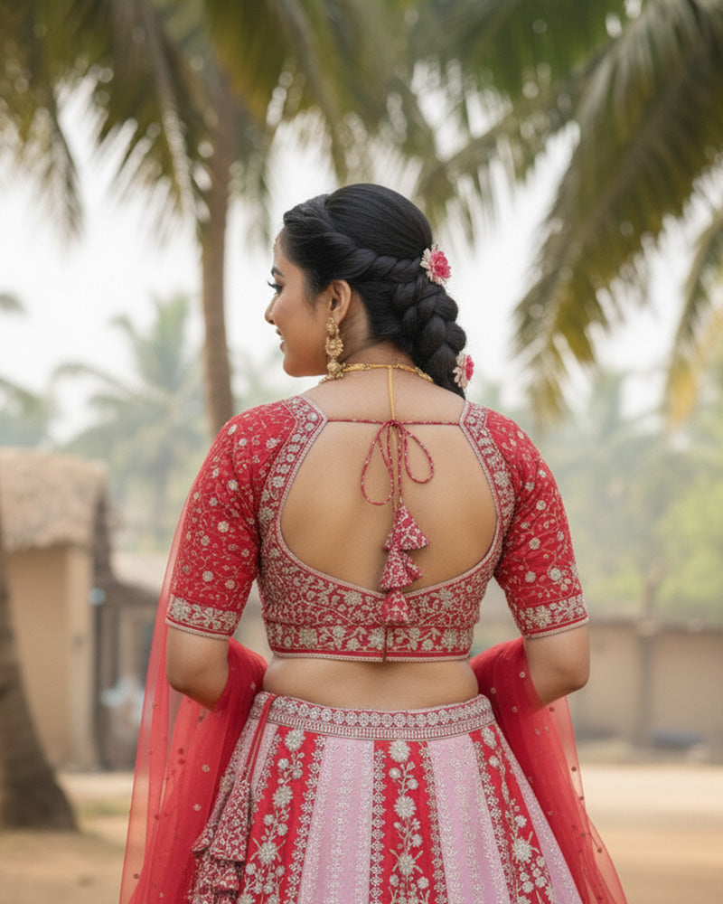Wedding Wear Baby Pink And Red Color Georgette Lehenga Choli
