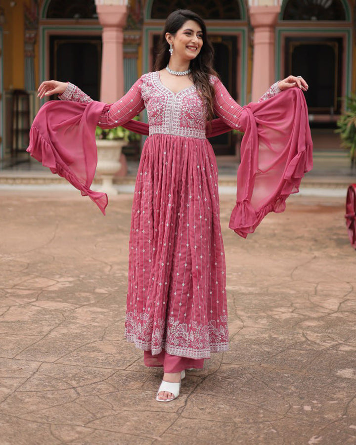 Dusty Mauve Color faux Georgette Embroidered Sharara Suit