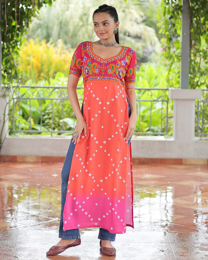 Navratri Special Orange Pink Color Rayon Kutchi Work Kurti