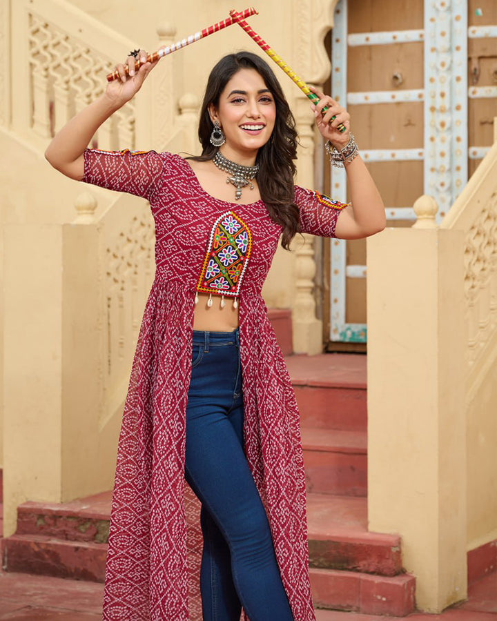 Maroon Festival Wear Faux Georgette Kutchi Work Kurti